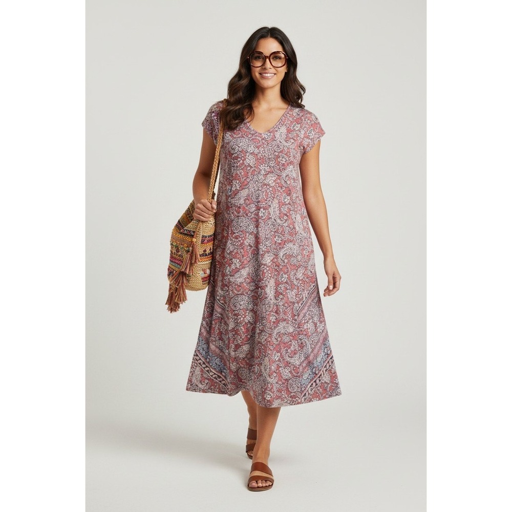 Pure Jill Womens Maxi Dress Size 2x Paisley Art To Wear Natural Resortwear Boho